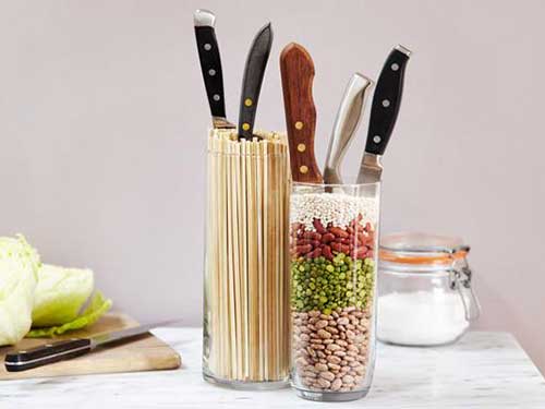 DIY knife blocks using dried lentils and wooden skewers
