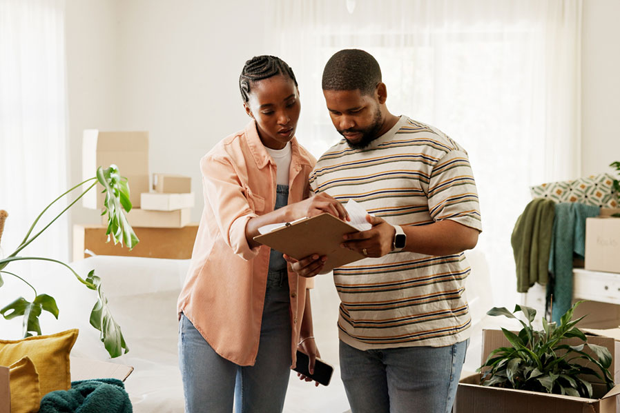 Couple planning their house move with boxes and a moving checklist in their living room.