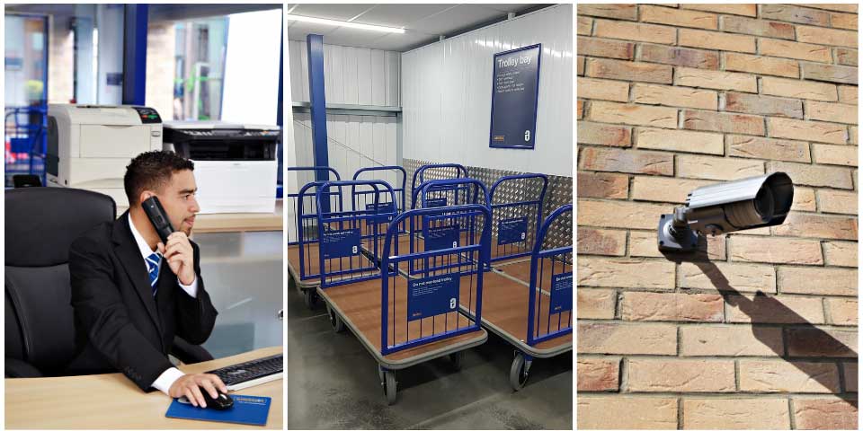 Customer service representative on call, trolley bay with blue trolleys, and mounted security camera for safety.