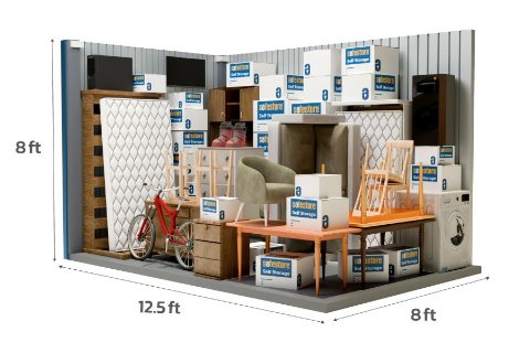 Example of a 100 sq ft business storage unit showing storage capacity for stock and equipment
