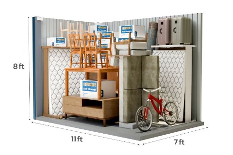 Illustration of a medium 75 sq ft self storage unit with boxes and household items