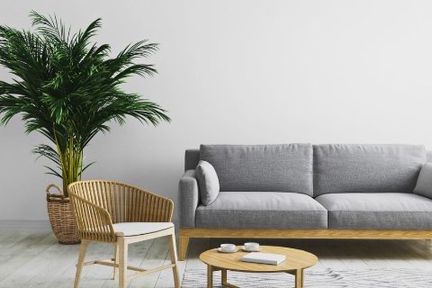 Minimalist Scandinavian style living room with neutral tones, representing a clutter free home supported by self storage