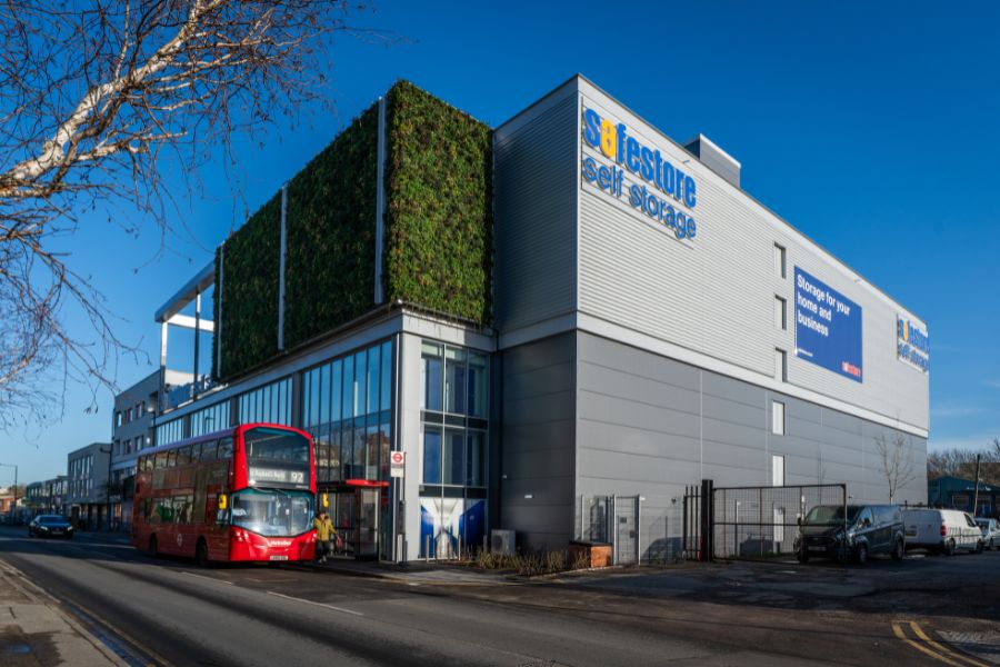 Safestore Wembley store exterior featuring a living green wall, our first store to achieve BREEAM Excellent certification
