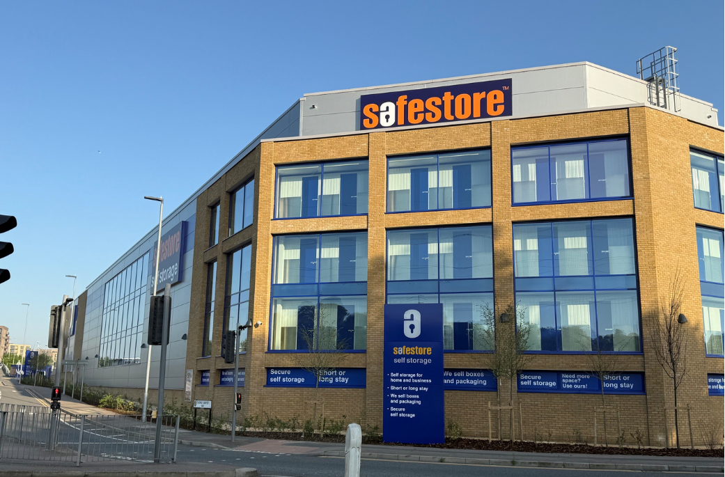 Safestore self storage store in Watford, a modern yellow-brick building with blue windows