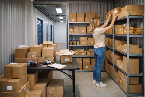 Woman organising boxed stock on shelving in a Safestore self storage unit used as a small business base