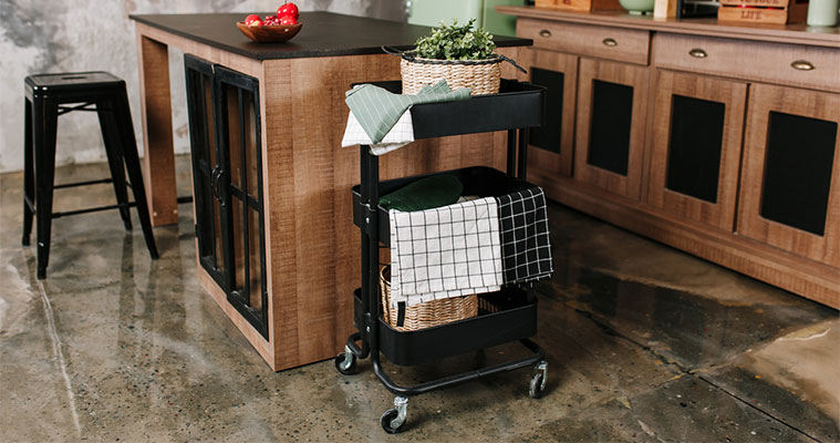 A kitchen trolley that can be repurposed for children's book storage